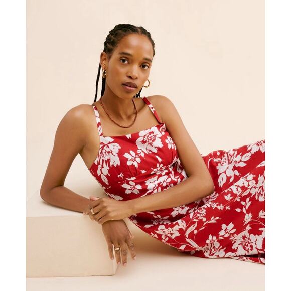 MADEWELL Womens 6 Red Floral Adjustable Straps Square Neck Smock Back MIDI Dress - Picture 4 of 11